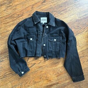 Zara Black Denim Cropped Jacket Frayed Hem Authentic Denim by TRF